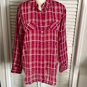 CHICO'S Red and White Plaid Button Down Long Sleeve Blouse, Size XL